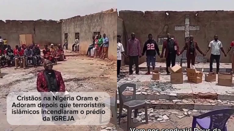 Cristãos no norte da Nigéria  Oram e cantam ao senhor após  a igreja ser destruída por terroristas